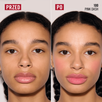 Rimmel Jelly Crush tint do ust i policzków. Efekt 100 Pink Dash na skórze, porównanie przed i po.