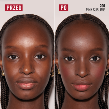 Rimmel Jelly Crush 200 Pink Sublime. Zdjęcie PRZED/PO kobiety: naturalna cera vs. usta i policzki z różowym tintem.