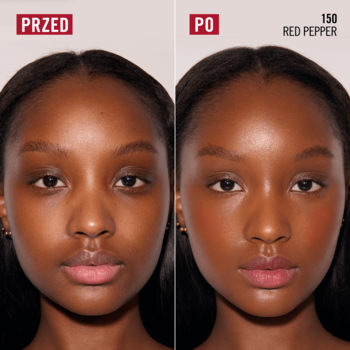 Kobieta przed i po nałożeniu tintu Rimmel Jelly Crush 150 Red Pepper na usta i policzki.