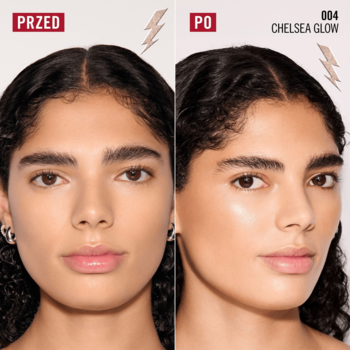 Kobieta przed i po użyciu rozświetlacza Rimmel Multi Tasker Turbocharged Glow, odcień 004 Chelsea Glow, widoczny perłowy blask na skórze.