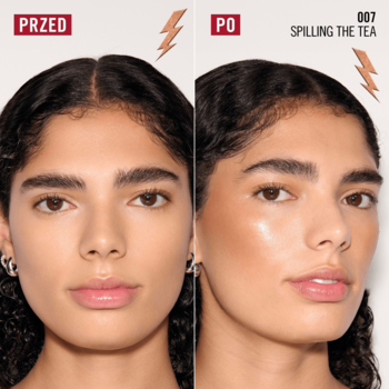 Rimmel Multi Tasker Turbocharged Glow bronzer, zdjęcie przed i po, nadający skórze rozświetlony efekt glow.