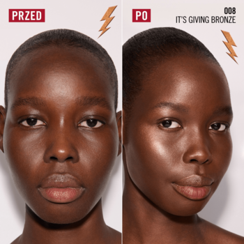 Przed i po: Rimmel Multi Tasker Turbocharged Glow bronzer rozświetlający na twarzy kobiety, perłowe glow.