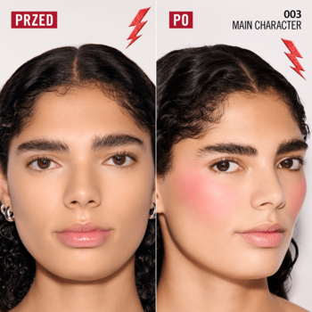 Róż rozświetlający Rimmel Multi Tasker Turbocharged Glow. Twarz kobiety przed i po, z różowym blaskiem na policzkach.