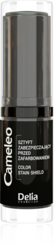 Cameleo Color Stain Shield, ochronny sztyft do włosów Delia Cosmetics, czarny z przezroczystą nakładką, widok z przodu.