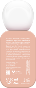 Tył opakowania MIYA blur.me lekki krem SPF 50 30ml. Beżowa butelka z białym korkiem i opisem.