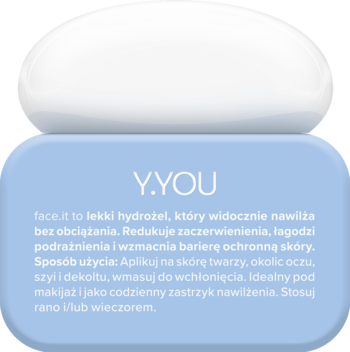 Miya Y.YOU face.it nawilżający lekki hydrożel w niebieskim słoiku, z białym wieczkiem i tekstem produktu.
