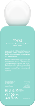 Tył miętowej butelki MIYA Y.YOU stay.matte 100ml. Tonik-mgiełka z polskim opisem i białym korkiem.