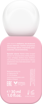 Tył opakowania MIYA Y.YOU Calm.Down Serum balansującego-kojącego 30 ml, różowo-biała butelka z opisem i ikonami.
