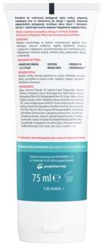 Biała tubka emolientu Polpharma 75ml do skóry suchej, atopowej, widok z tyłu z listą składników.