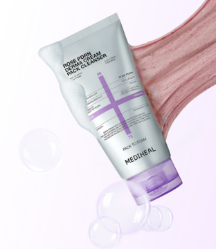 Pianka-maska MEDIHEAL ROSE POREN DERMA CLEANSER w szaro-fioletowej tubce z pianką i bąbelkami, na różowym tle.