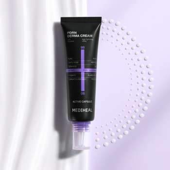 MEDHEAL PDRN Derma Cream, czarna tubka z purpurowym akcentem, widok z przodu. Krem z PDRN zwęża pory, ujędrnia i nawilża.
