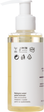 Olejek do demakijażu w butelce z pompką. Widok tyłu opakowania: etykieta z certyfikatami Vegan, PETA i PET.