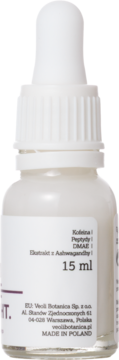 Biała butelka serum pod oczy z kofeiną, peptydami, DMAE i ashwagandhą, widok z boku z etykietą, 15 ml, Made in Poland.