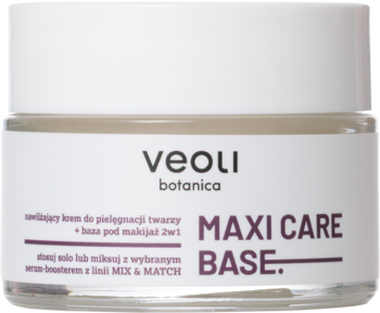 Veoli Botanica Maxi Care Base, nawilżający krem-baza 2w1, w białym słoiczku z fioletowym napisem, widok z przodu.