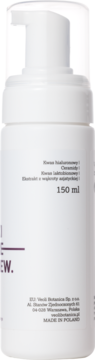 Tył białej butelki oczyszczającej pianki Veoli Botanica 150 ml z pompką, widoczne składniki: kwas hialuronowy, ceramidy.