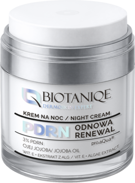 Biały krem na noc Biotaniqe PDRN Renewal z 3% PDRN w słoiku ze srebrną nakrętką, widok frontalny.