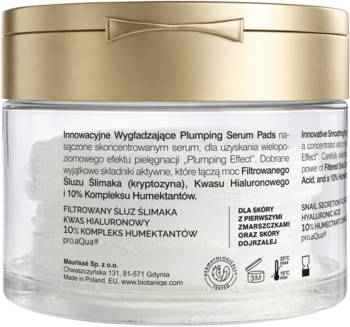 Tył Plumping Serum Pads ze składnikami: śluz ślimaka, kwas hialuronowy, 10% humektantów. Dla skóry dojrzałej.
