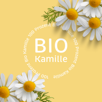 Żółta grafika z rumiankiem i głównym napisem 'BIO Kamille', otoczonym tekstem '100 Procent Bio Kamille'.