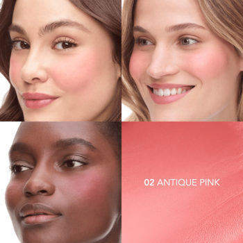 Little Round Pot Cream róż 02 Antique Pink na jasnej i ciemnej skórze oraz próbka kremowego różu do policzków i ust.