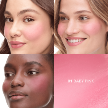 Róż w kremie Bourjois Little Round Pot 01 Baby Pink na trzech twarzach. Satynowy blask.