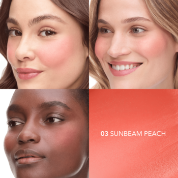 Róż do policzków i ust Bourjois 03 Sunbeam Peach na modelkach, satynowe wykończenie, naturalny blask.