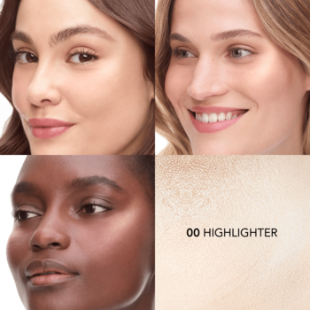 Kolaż: trzy kobiety o różnych karnacjach z rozświetlonymi policzkami, Little Round Pot Cream rozświetlacz o satynowym wykończeniu.