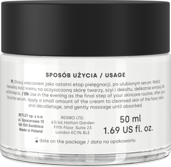 Tył białego słoiczka regenerującego kremu na noc 50 ml, z czarną zakrętką i instrukcją użycia po polsku/angielsku.