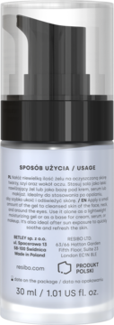 Tył jasnoszarej butelki Resibo, nawadniającego żelu 30ml z pompką i instrukcjami użycia.