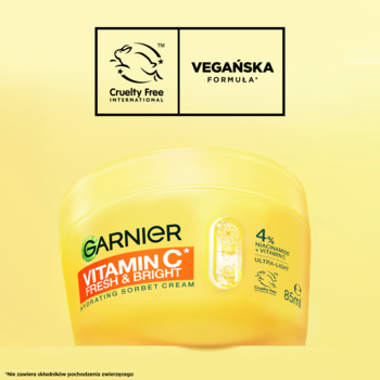 Garnier Vitamin C Fresh & Bright nawilżający krem-sorbet w żółtym słoiczku, z certyfikatami Cruelty Free i vegan.