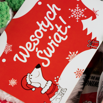 Czerwono-biała kartka świąteczna z SNOOPYM w czapce Mikołaja i napisem "Wesołych Świąt!", detale prezentu dla psa.