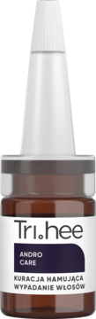 Tri.hee Andro Care kuracja przeciw wypadaniu włosów, brązowa ampułka z białym aplikatorem, widok z przodu.