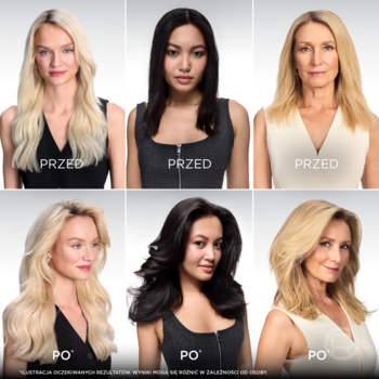 Sześć zdjęć: trzy kobiety przed i po szamponie L'Oréal Elseve Collagen Lifter, demonstrujące zwiększoną objętość.
