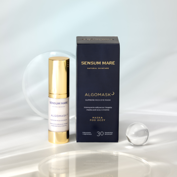 Sensum Mare Algomask, intensywnie odżywcza maska pod oczy w złotym dozowniku i granatowym pudełku.