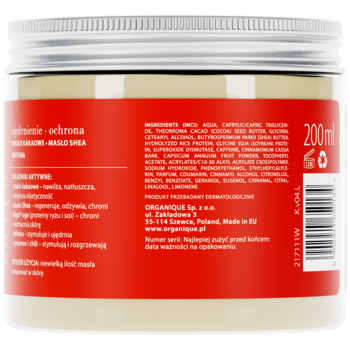Tył słoika Masła do ciała Organique Spicy Therapy 200ml, czerwona etykieta z białymi napisami i kodem kreskowym.