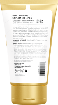 Tył złoto-białej tubki Organique Eternal Gold Rozświetlający balsam do ciała 150ml, widoczny skład i opis.