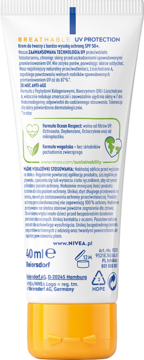 Tył białej tuby NIVEA SUN Przeciwzmarszczkowy Q10 SPF50+. Opis: składniki, wegańska formuła, ochrona UV.