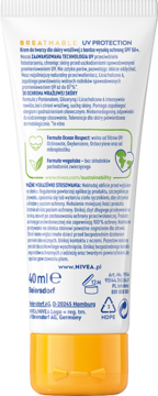 Tył białej tubki NIVEA SUN Krem do twarzy SPF50+ dla skóry wrażliwej, z polskim tekstem i pomarańczową zakrętką.