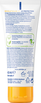 Tył opakowania NIVEA SUN UV Face Matujący krem SPF50+, biała tubka z żółtą zakrętką, szczegóły składu.