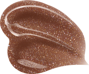 Zbliżenie na maznięcie błyszczyka NYX Jelly Job Bling Me Jelly w brązowo-złotym, żelowym odcieniu z brokatem.