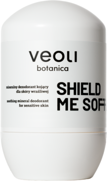 Biały, owalny mineralny dezodorant w kulce Veoli Botanica Shield Me Soft do skóry wrażliwej, widok z przodu.