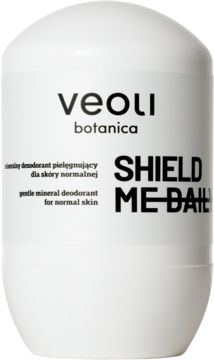 Biały dezodorant mineralny Veoli Botanica Shield Me-Daily roll-on, do skóry normalnej, widok frontalny.