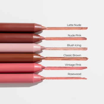 Zestaw 6 konturówek do ust Everybody London (w tym Blush Icing), odcienie nude, róż i brąz, z matowymi swatchami.