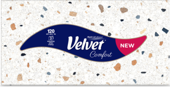 Logo chusteczek Velvet Comfort NEW w kształcie fali (120 sztuk, 3-warstwowe) na jasnym tle w kolorowe cętki.