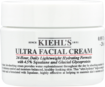 Biały słoik kremu Kiehl's Ultra Facial Cream, z tekstem 24-Hour Hydrating, zawierający Skwalan, widok z przodu.