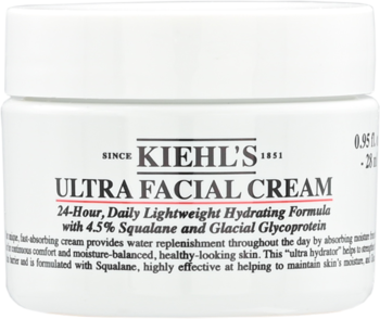 Biały słoiczek Kiehl's Ultra Facial Cream, lekki krem nawilżający z 4.5% Skwalanem, widok z przodu.