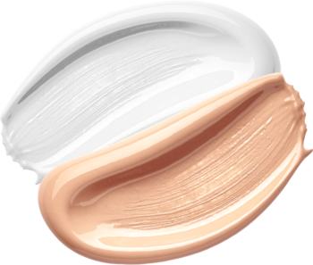 Zbliżenie Lirene Magic Make Up CC kremu, dwa kremowe ślady: biały i beżowy, na czarnym tle, ukazujące adaptację koloru.