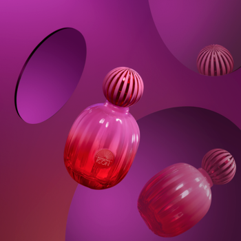 Dwa flakony perfum w odcieniach różu, z żeberkowanymi korpusami i kulistymi korkami, unoszące się na tle purpury.