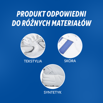 Niebieska grafika: 'PRODUKT ODPOWIEDNI DO RÓŻNYCH MATERIAŁÓW'. Podkreślono tekstylia, skórę, syntetyk.