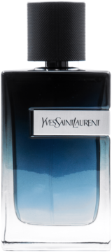 YSL męskie perfumy w eleganckiej szklanej butelce z czarno-niebieskim gradientem i srebrną etykietą, widok z przodu.