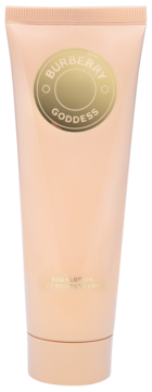Brzoskwiniowy balsam do ciała Burberry Goddess w miękkiej tubce, ze złotą etykietą i napisem, widok z przodu.